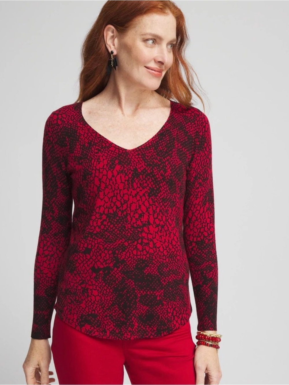 Chico’s Snake Print V-Neck Pullover Long Sleeve Sweater Vibrant Red & Black